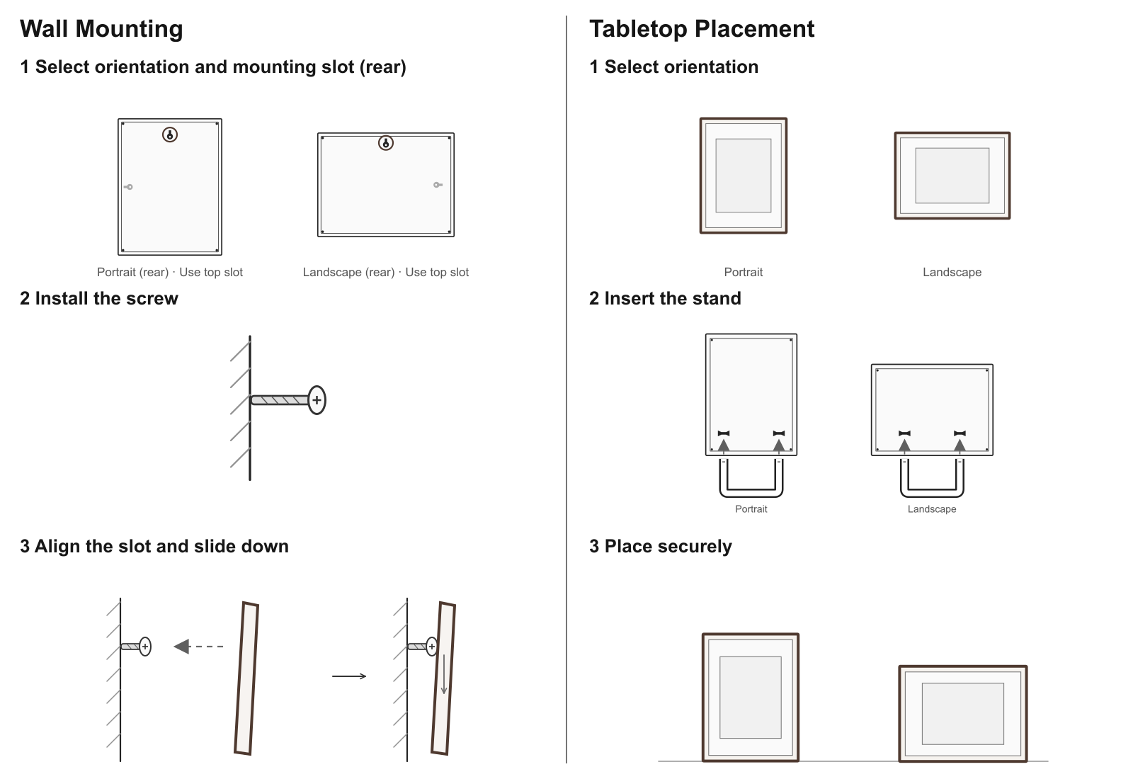 Aurevian AF-13 installation options: landscape or portrait wall mounting with one screw, or landscape or portrait tabletop placement by inserting the C-shaped stand into the corresponding rear slots