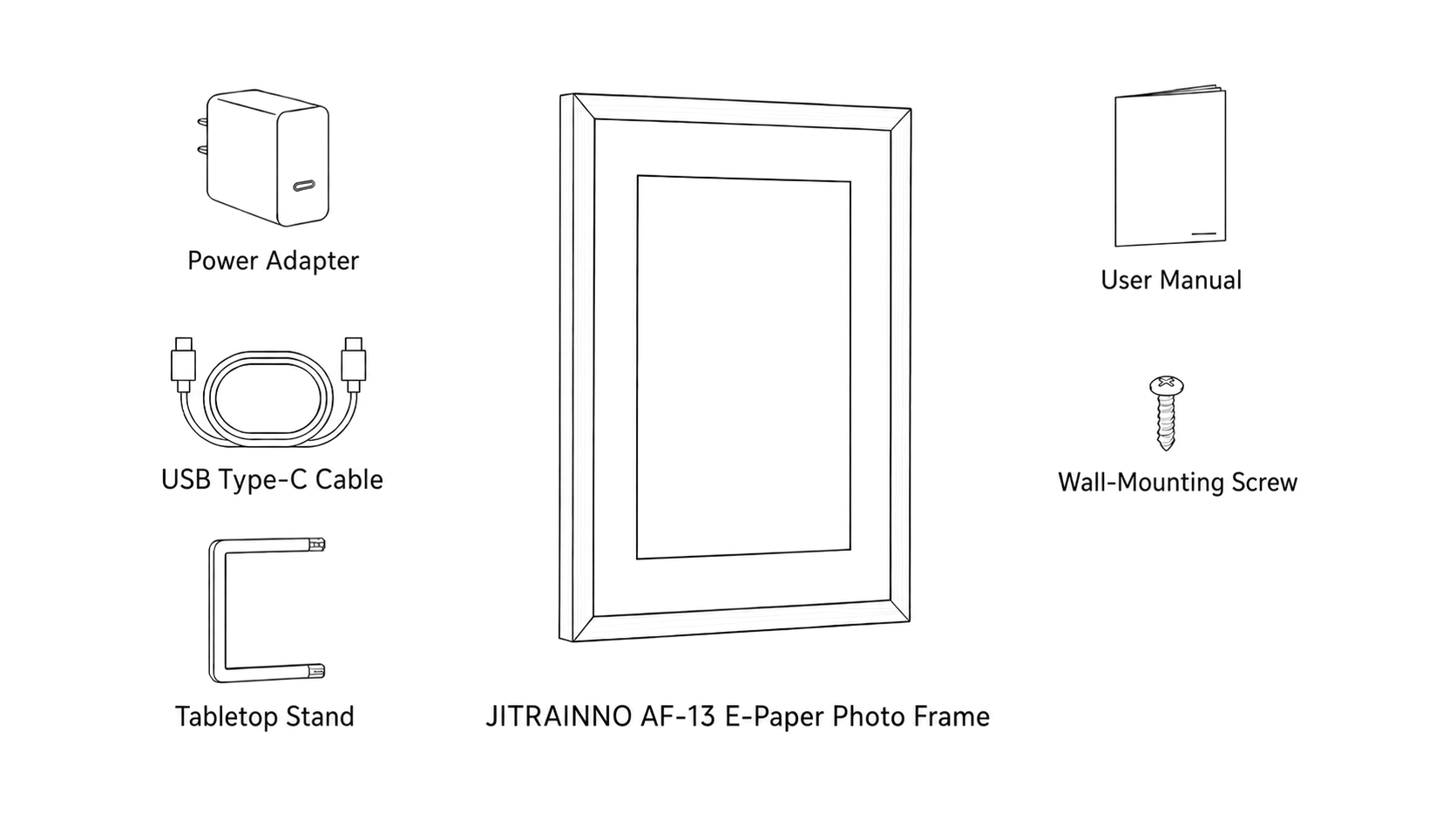 Aurevian AF-13 package contents: e-paper photo frame, power adapter, USB Type-C cable, tabletop stand, user manual, and one wall-mounting screw